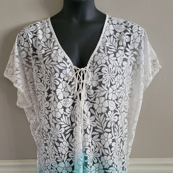 Beaches & Boho Coverup Cape Dress White Turquoise Green Lace Fringe Tie Swim S/M - Picture 2 of 7